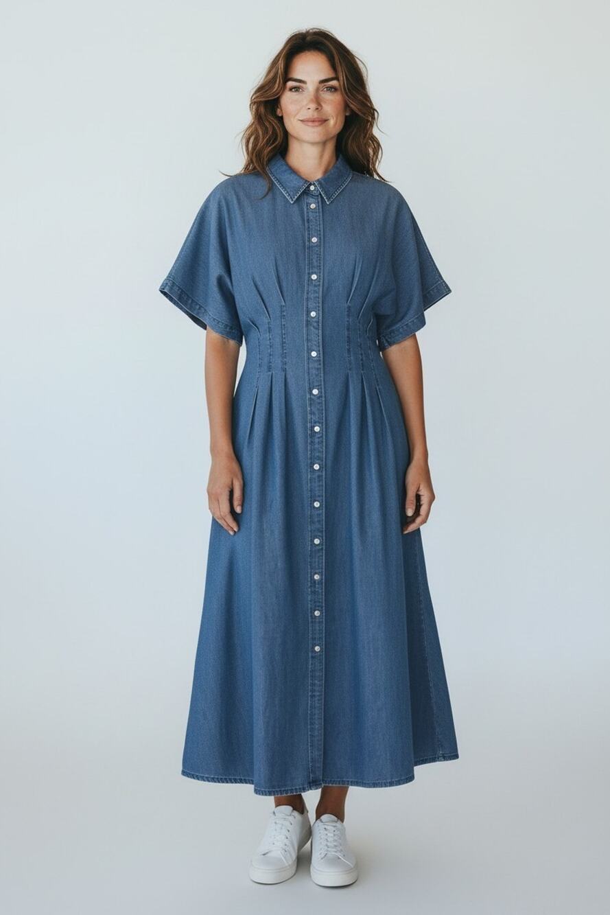 B6 NWT LAUREN RALPH LAUREN Black Label Pleated Denim SS Shirt Dress Size 12 $225
